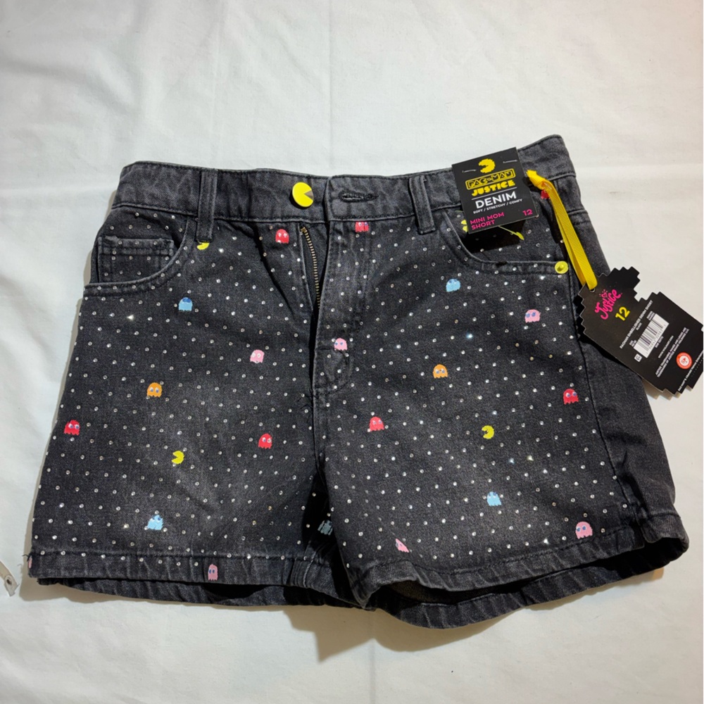 Justice Black Pac-Man Dot Denim Shorts with Colorful Ghosts sz 12